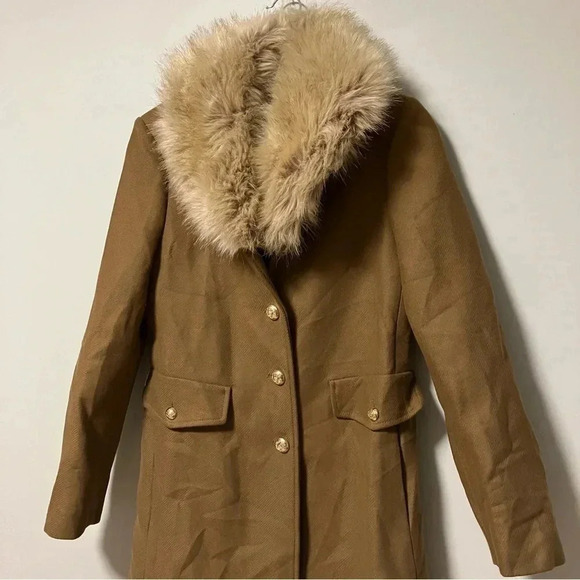 Zara Manteco Premium Wool Blend Tailored Camel Faux Fur Collar Coat - Picture 5 of 10